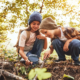 2 Kinder spielen im Wald und untersuchen den Boden
