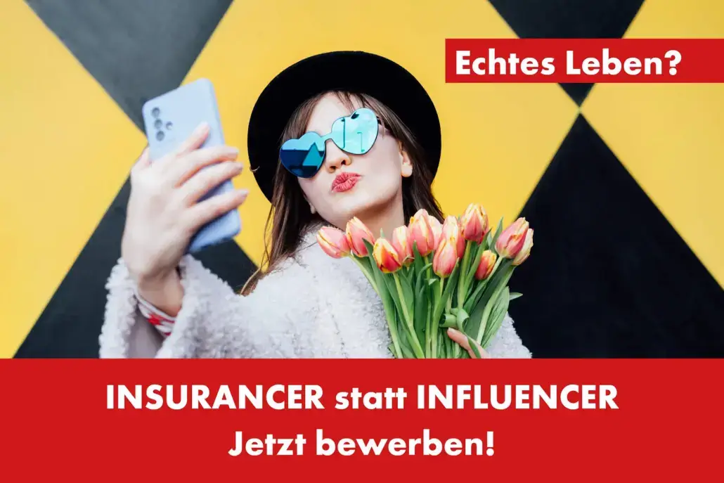 Insurancer statt Influencer Junge Frau mit Herzbrille und Blumenstrauß posiert für ein Foto