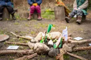 Waldenburger Zukunftshelden – Waldkindergarten Brühl – Im Wald Kinder im Waldkindergarten Brühl sitzen auf Baumstümpfen um ein selbst gebasteltes Lagerfeuer herum